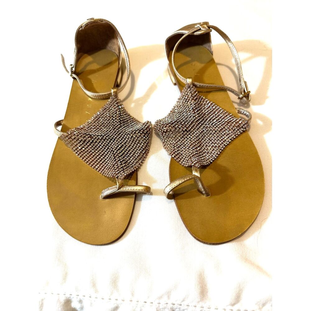 Lola Cruz Crystal Rhinestones Sandals Gold Tone one crystal missing Sz 8.5 EUR 3